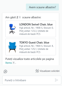 Dynamics Business Central - Chat Copilot - Afișare articole - Scaune albastre