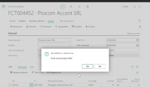 Dynamics Business Central - Antet Factură Cumpărare - Mesaj actualizare linii