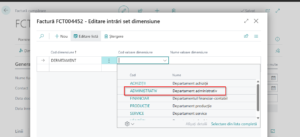 Dynamics Business Central - Antet Factură Cumpărare - Selectare dimensiune departament