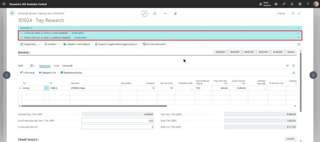 Dynamics Business Central - Comandă vânzare - Notificări credit
