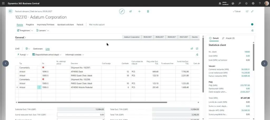 Dynamics Business Central - Factură vânzare - Linii din livrări multiple