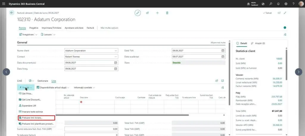 Dynamics Business Central - Factură vânzare - Preluare linii livrare