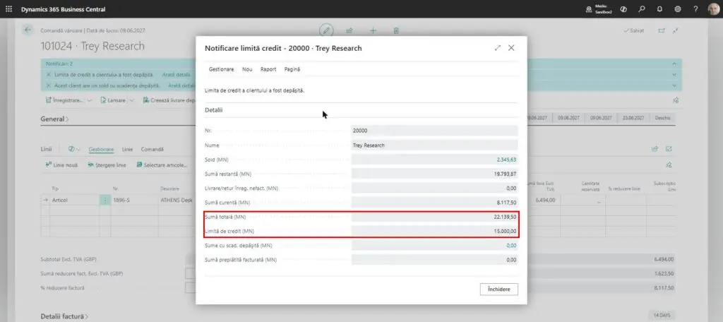 Dynamics Business Central - Notificare limită credit - Detalii