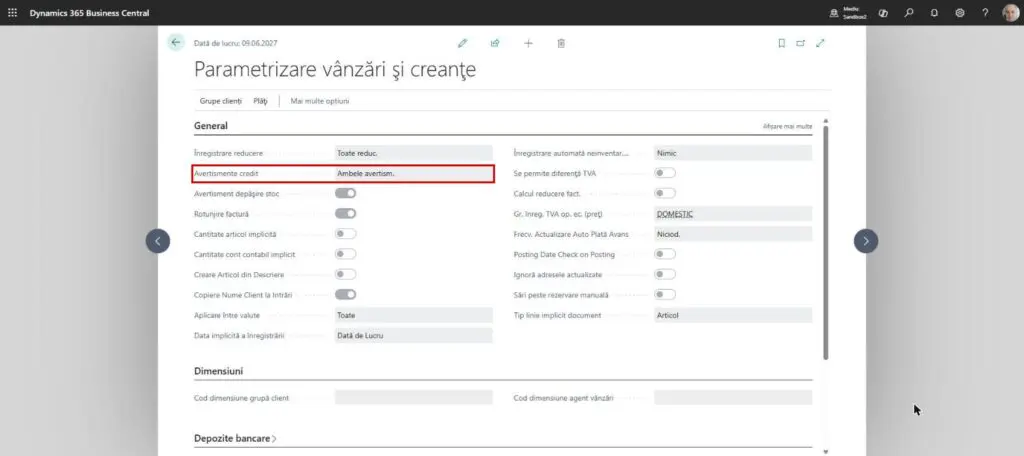 Dynamics Business Central - Parametrizare vânzări și creanțe - Avertismente credit