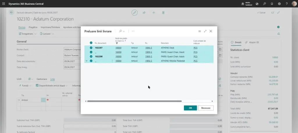 Dynamics Business Central - Preluare linii livrare - Selectare linii