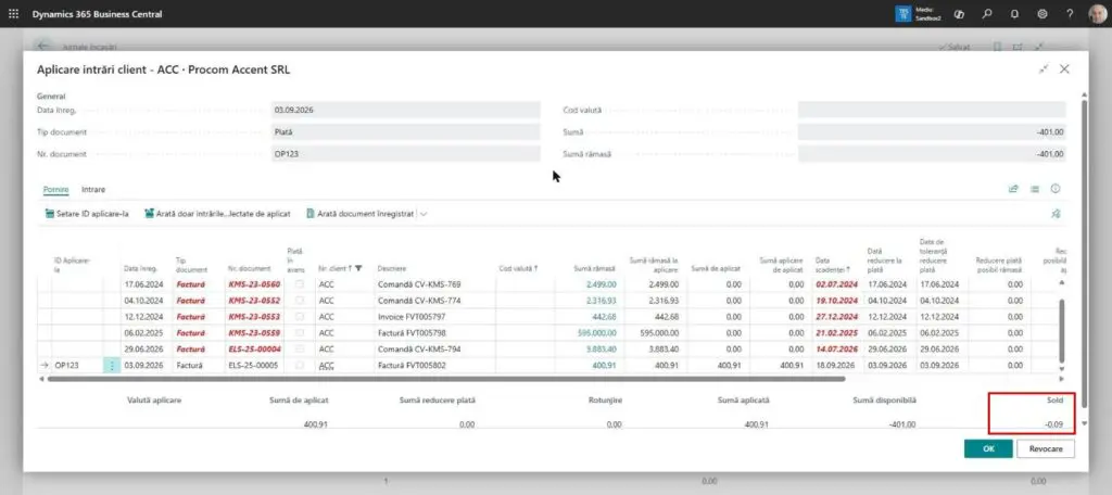 Dynamics Business Central - Aplicare intrări client - Sold rămas