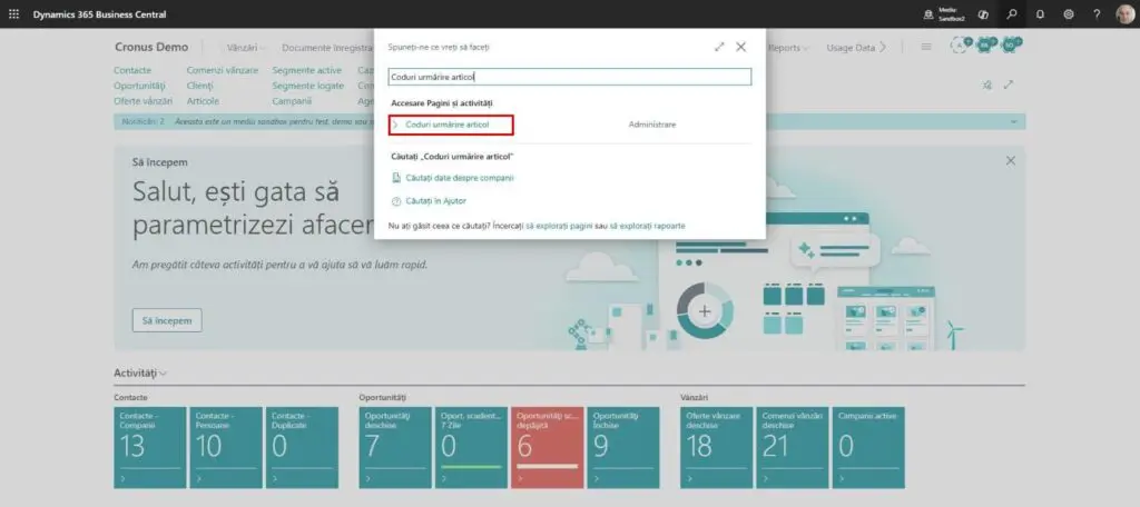 Dynamics Business Central - Căutare - Coduri urmărire articol