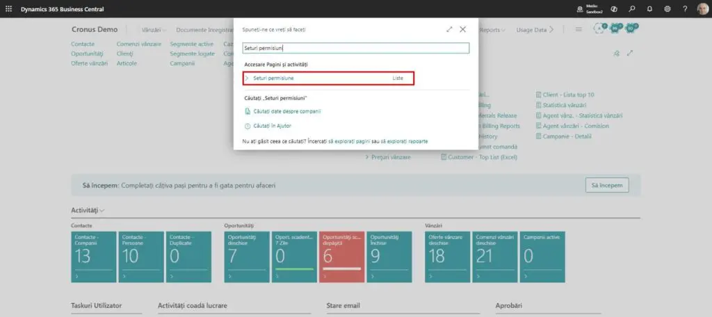 Dynamics Business Central - Căutare - Seturi permisiune