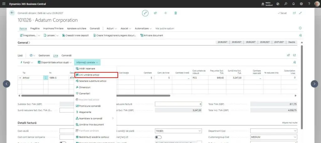 Dynamics Business Central - Comandă vânzare - Acces linii urmărire articol