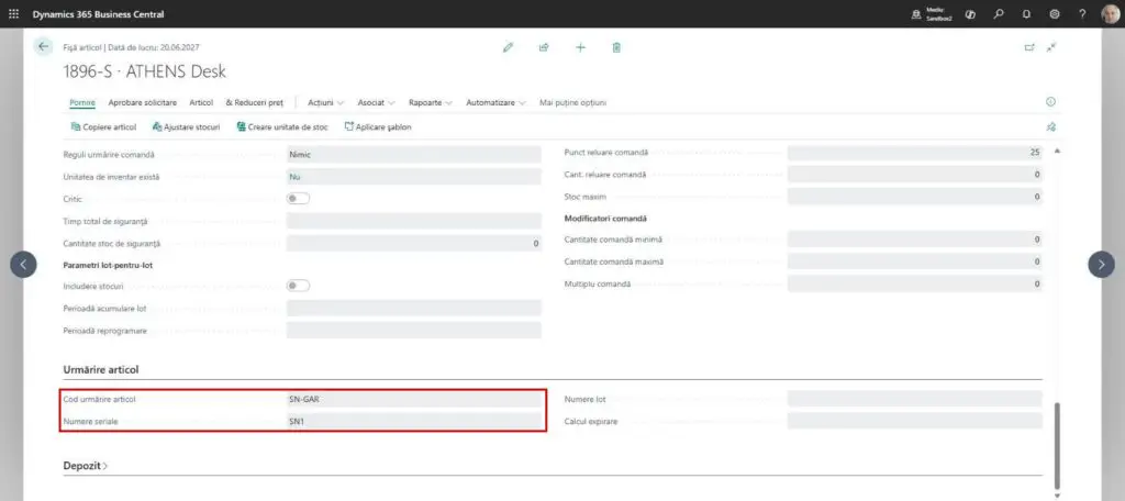 Dynamics Business Central - Fișă articol - Cod urmărire articol