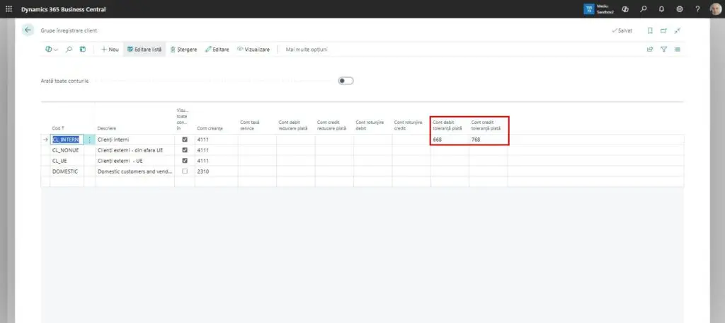 Dynamics Business Central - Grupe înregistrare client - Conturi toleranță plată