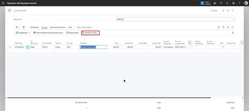 Dynamics Business Central - Jurnale încasări - Aplicare intrări
