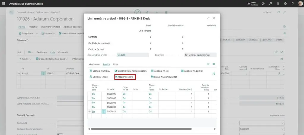 Dynamics Business Central - Linii urmărire articol - Asociere numere de serie