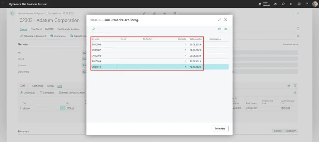 Dynamics Business Central - Linii urmărire articol înregistrate - Data garanției