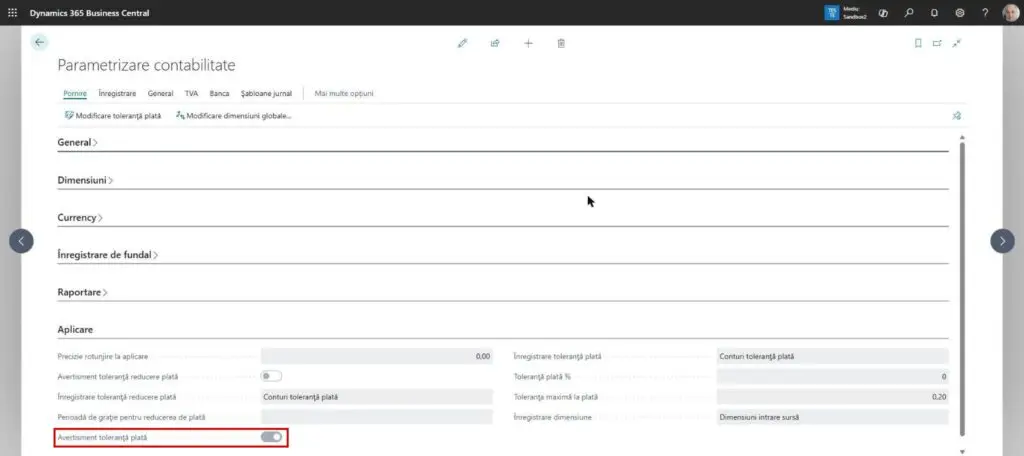 Dynamics Business Central - Parametrizare contabilitate - Avertisment toleranță plată