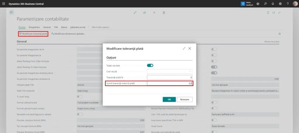 Dynamics Business Central - Parametrizare contabilitate - Modificare toleranță plată