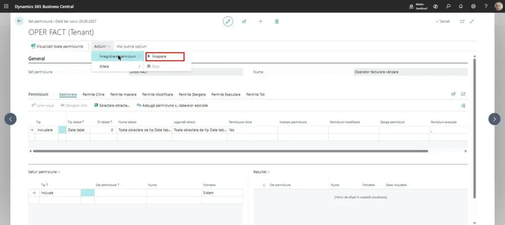Dynamics Business Central - Set permisiune - Începere înregistrare