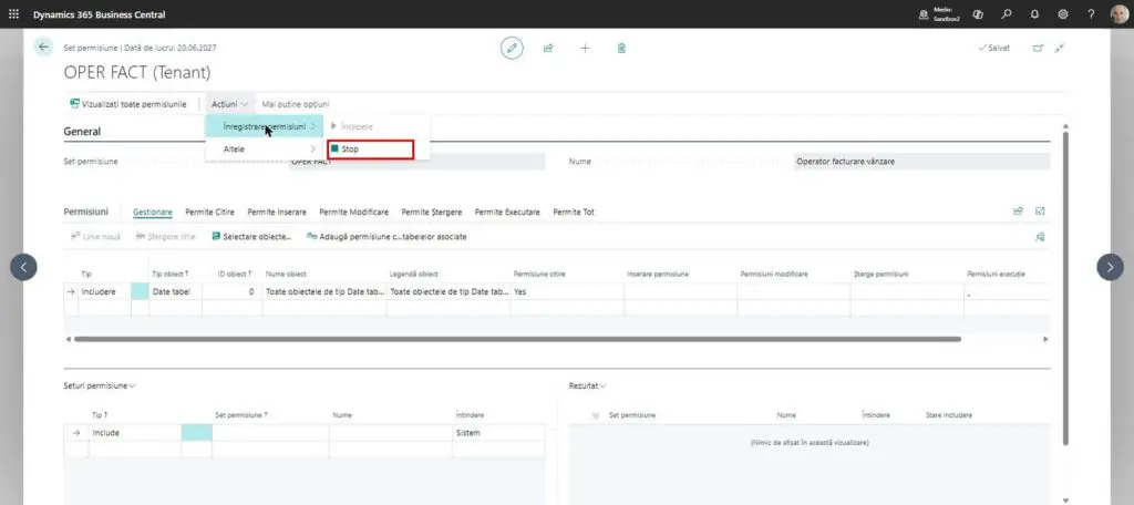 Dynamics Business Central - Set permisiune - Oprire înregistrare
