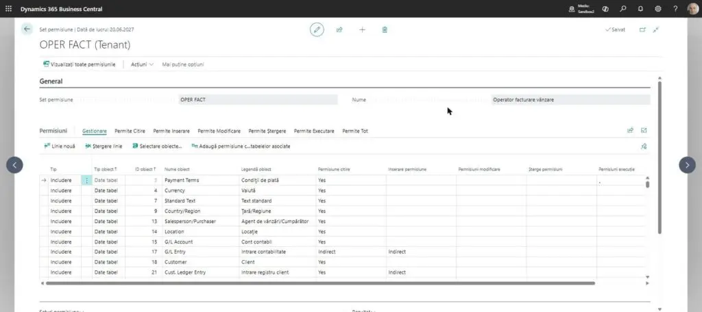 Dynamics Business Central - Set permisiune - Permisiuni înregistrate