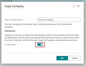 Dynamics Business Central - Company copy dialog box