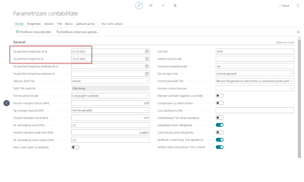 Dynamics Business Central - Parametrizare Contabilitate - perioadă înregistrare -Elian Solutions