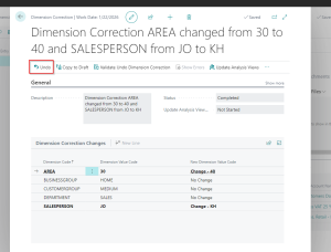 Dynamics Business Central - Dimension Correction Page - Undo
