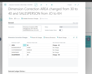 Dynamics Business Central - Dimension Correction Page - changes made