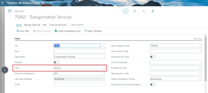 Dynamics Business Central - Item card Type Service