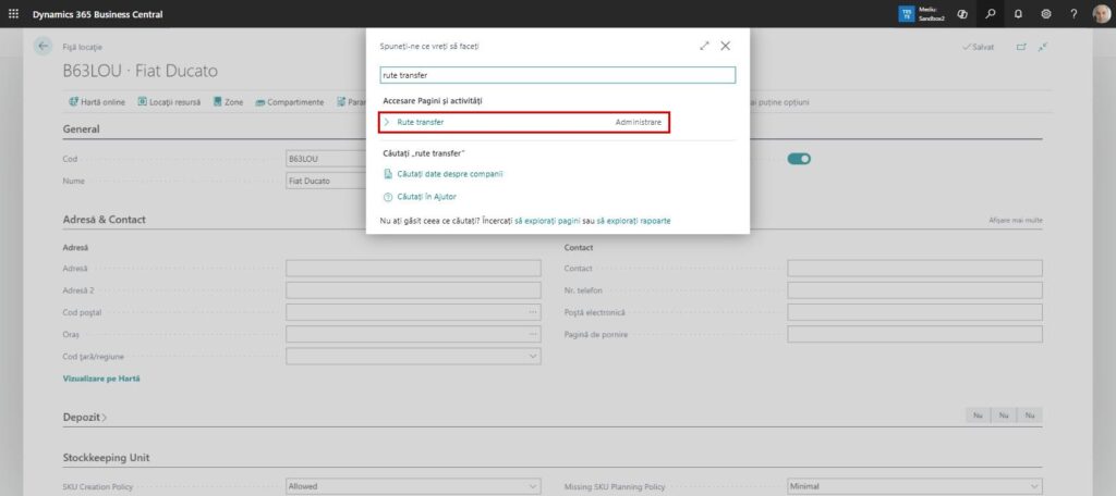 Dynamics Business Central - Căutare - Rute transfer